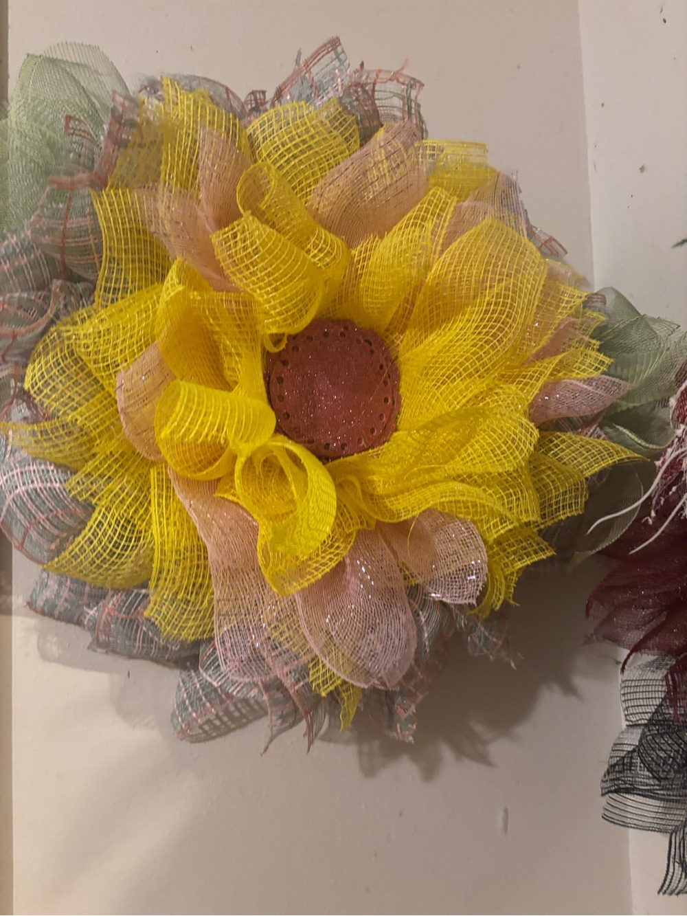 Bright Yellow Decorative Sunflower Mesh Wreath Accent